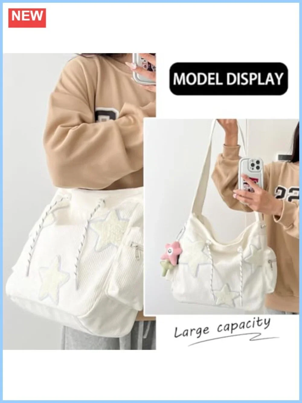 Corduroy Crossbody Hobo Tote Bag Large Capacity Zip Messenger Shoulder Bag